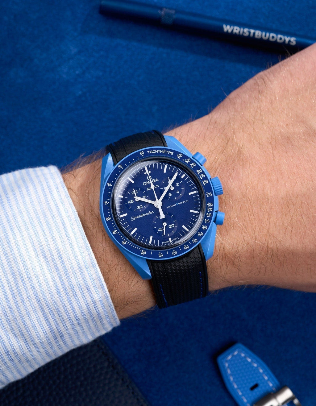 Curved Vertech Rubber Strap - Black & Blue Stitches - OM Luxury